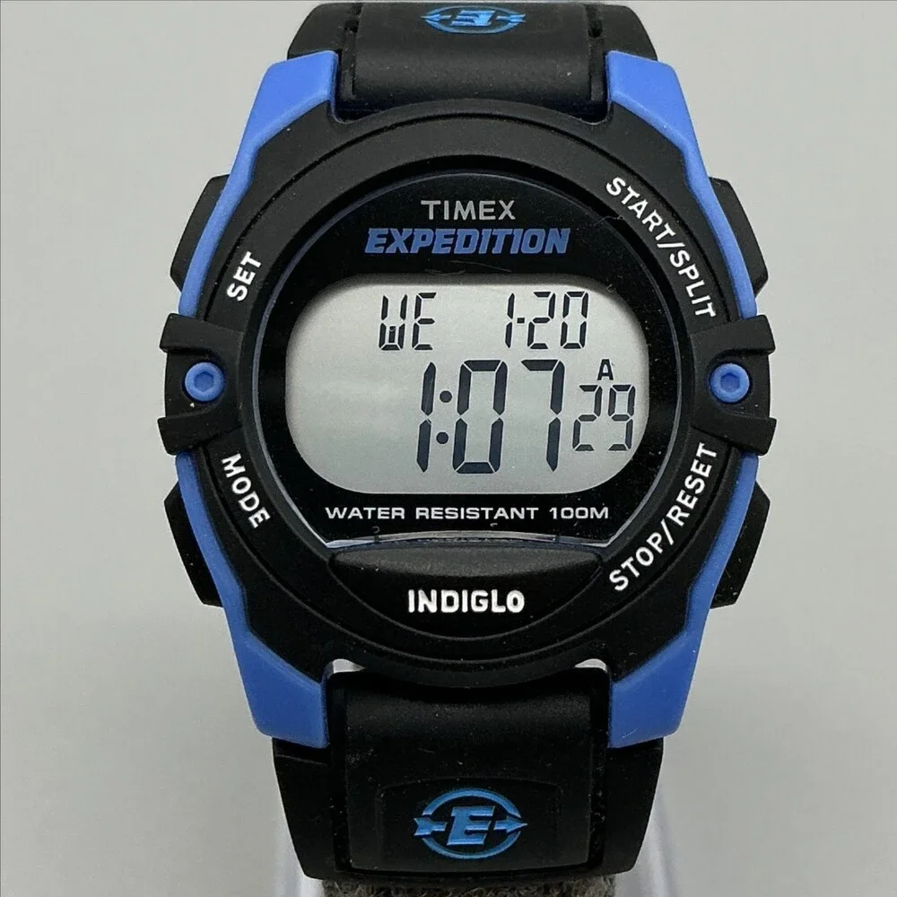 Timex Expedition Unisex Watch 34mm Gray Digital Blue Black Indiglo New Battery